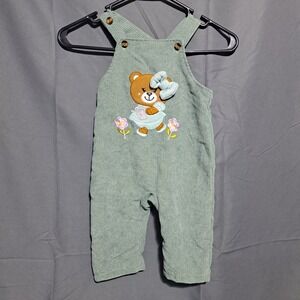 Baby Sage Green Corduroy Teddy Bear Overalls 9-12M Embroidered Bibs